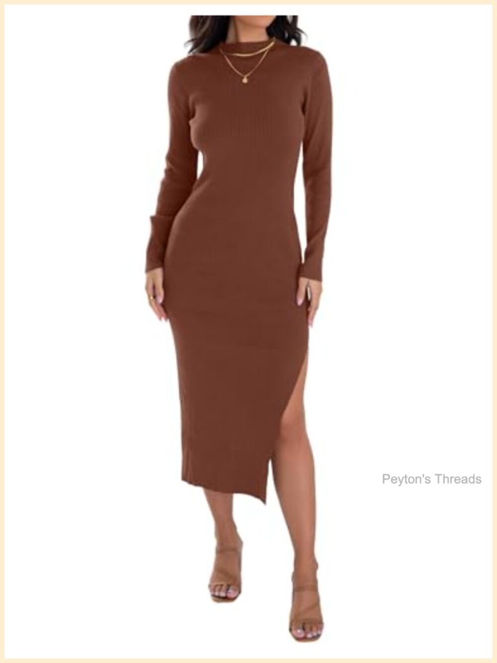Knit Long Sleeve Bodycon Sweater Dress Mock Turtleneck Midi Slit